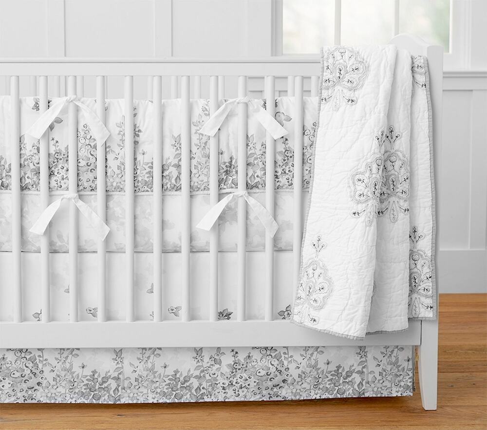 Pottery Barn Kids Natalie Crib Skirt White Gray Floral Border Organic NWT